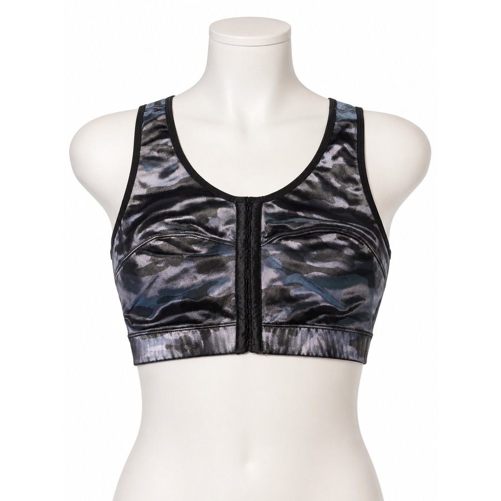 Enell Sport High Impact Sports Bra Women Size 2 Black Gray Camo Front Hook NL100